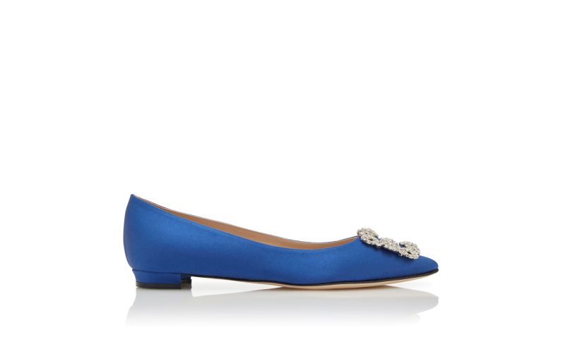 Side view of Hangisiflat, Blue Satin Jewel Buckle Flat Pumps - £845.00