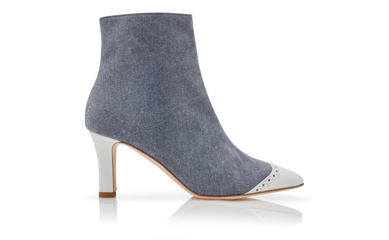 Side view of Botagatha, Blue and White Denim Ankle Boots - US$945.00