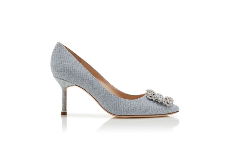 Side view of Hangisi glitter 70, Silver Glitter Fabric Jewel Buckle Pumps - US$1,395.00