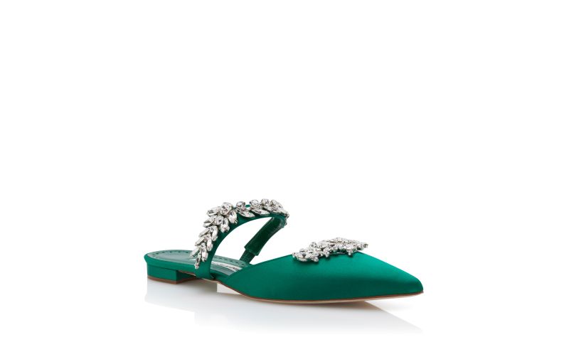 Lurumflat, Green Satin Crystal Embellished Flat Mules - £1,025.00