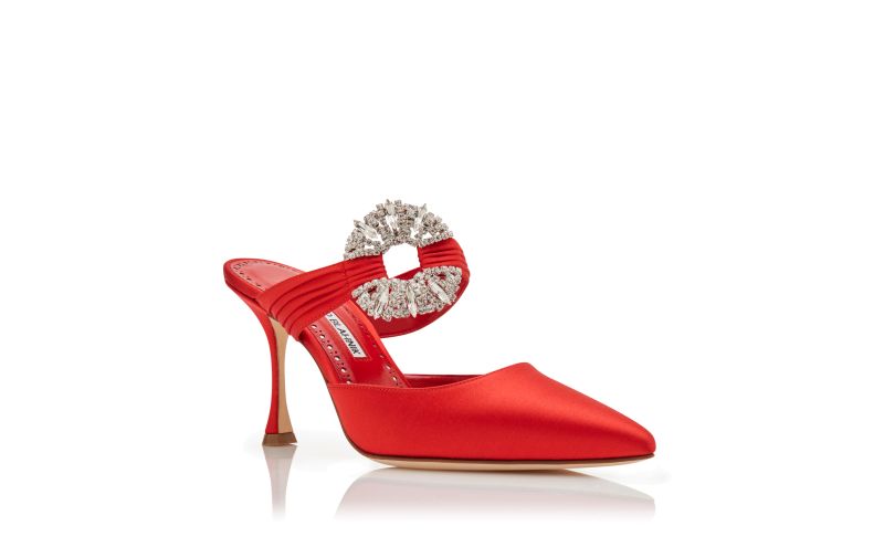 Maidugura, Red Satin Embellished Buckle Mules - US$1,275.00