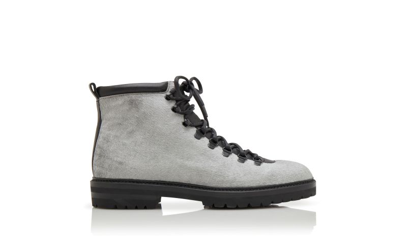 Side view of Designer Silver Calf Hair Lace Up Boots