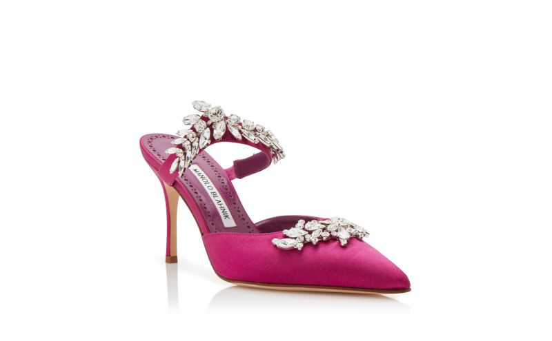 Designer Fuchsia Satin Crystal Embellished Mules