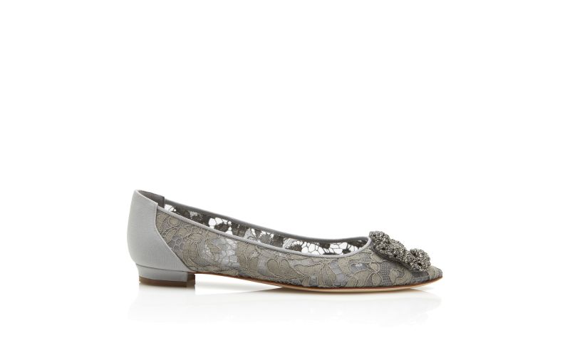 Side view of Hangisiflat lace, Grey Lace Jewel Buckle Flat Pumps - £945.00