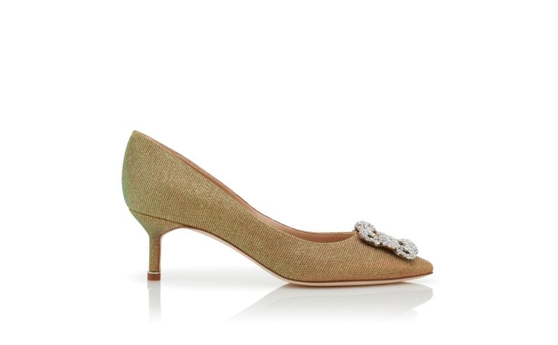 Side view of Hangisi glitter 50, Gold Glitter Fabric Jewel Buckle Pumps - £945.00