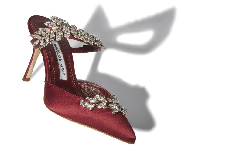 Lurum, Burgundy Satin Crystal Embellished Mules - US$1,395.00 