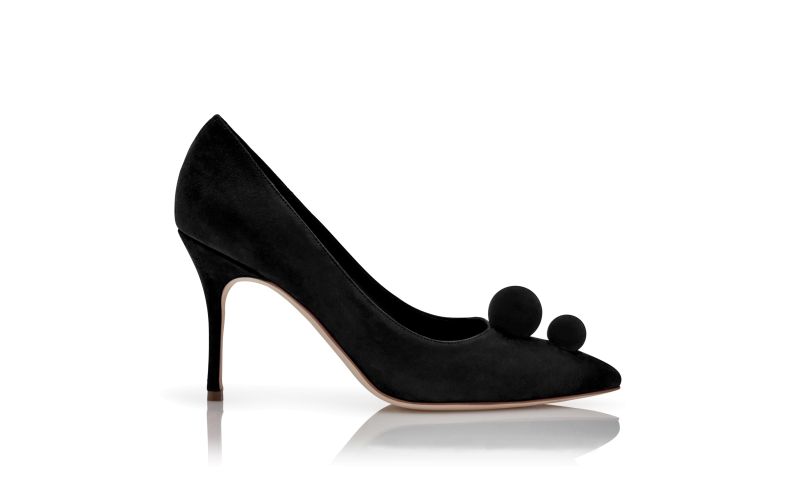 Side view of Piera, Black Suede Pom Pom Detail Pumps
 - US$925.00