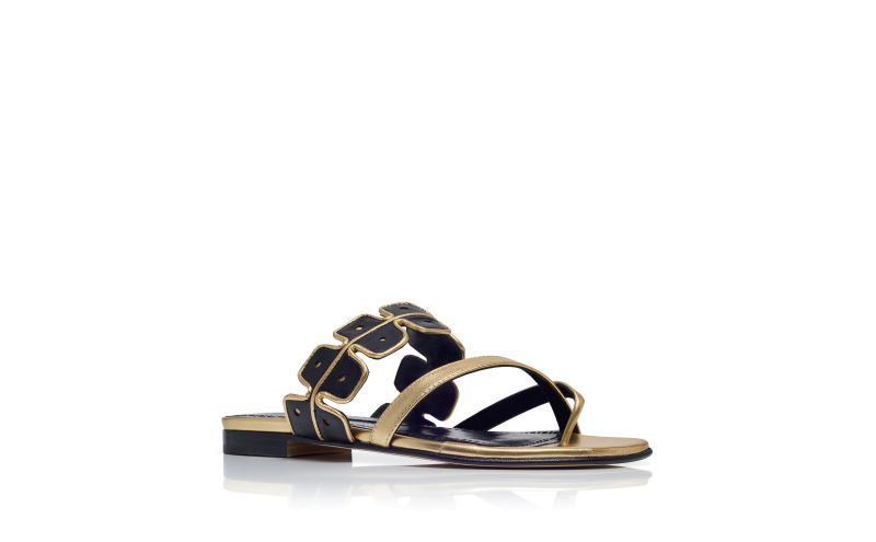 Supana, Gold and Black Nappa Leather Flat Sandals - US$995.00