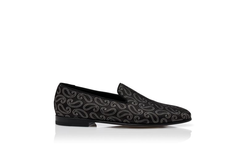 Side view of Designer Black Silk Jacquard Loafers