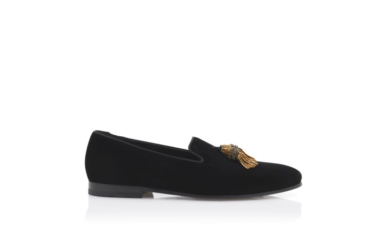 Side view of Designer Black Velvet Tassel Loafers