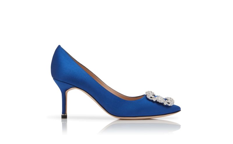 Side view of Hangisi 70, Blue Satin Jewel Buckle Pumps - CA$1,555.00