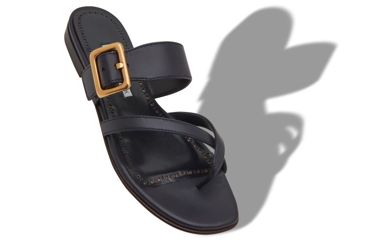 Thalusa, Navy Blue Nappa Leather Flat Sandals - US$350.00 