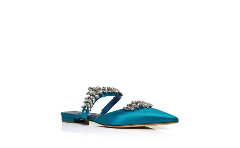Lurumflat, Blue Satin Crystal Embellished Flat Mules - US$855.00