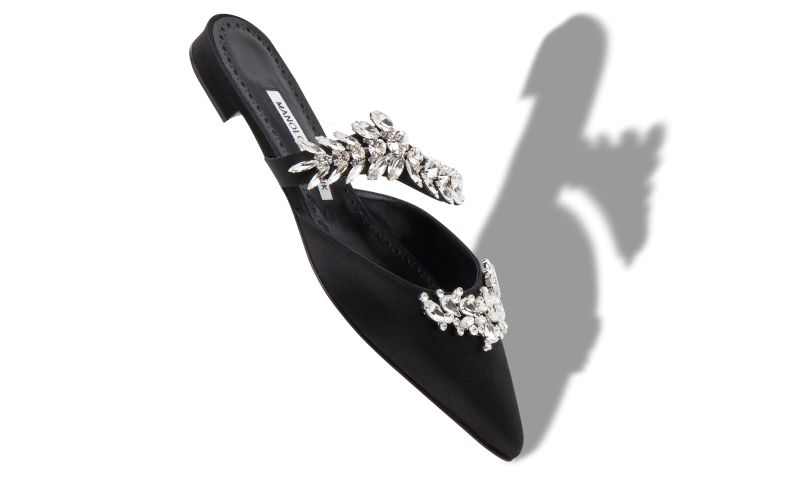 Lurumflat, Black Satin Crystal Embellished Flat Mules - US$1,295.00 