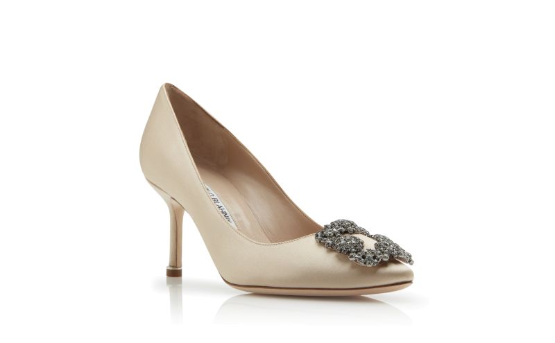 HANGISI 70, Champagne Satin Jewel Buckle Pumps, 1195 USD