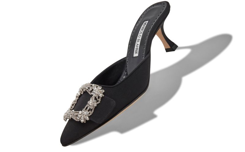 Maysale jewel, Black Crepe De Chine Crystal Buckle Mules - US$1,145.00 