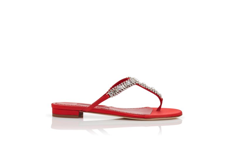 Side view of Feona, Red Satin Jewel Embellished Flat Sandals - €1,075.00