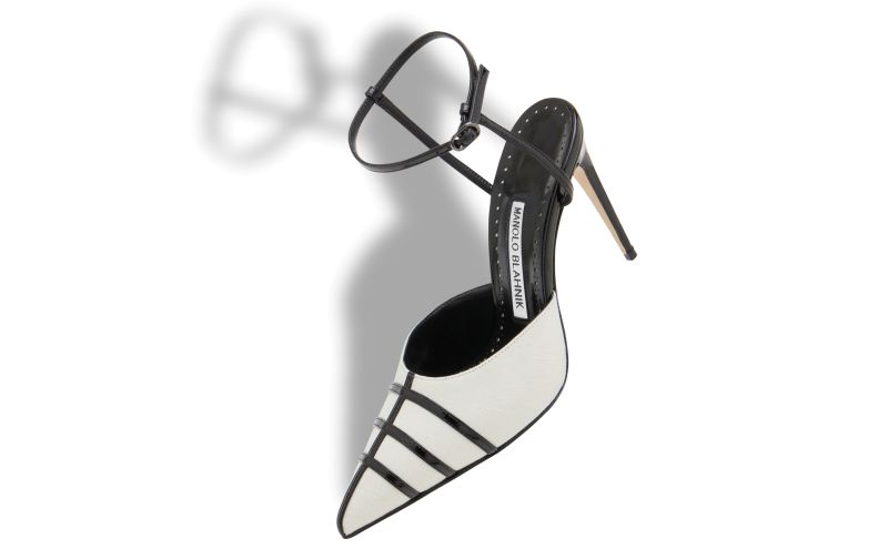 Designer Cream and Black Linen Ankle Strap Pumps 
