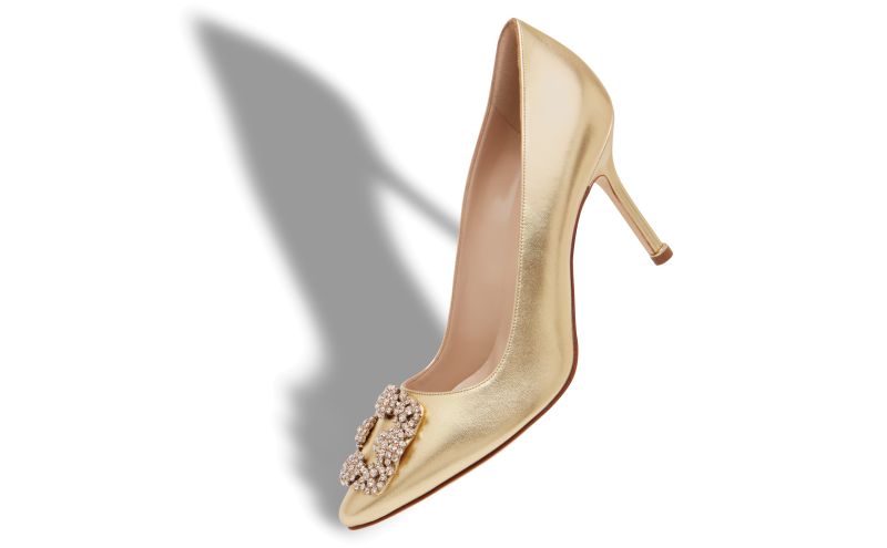 Designer Gold Nappa Leather Jewel Buckle Pumps