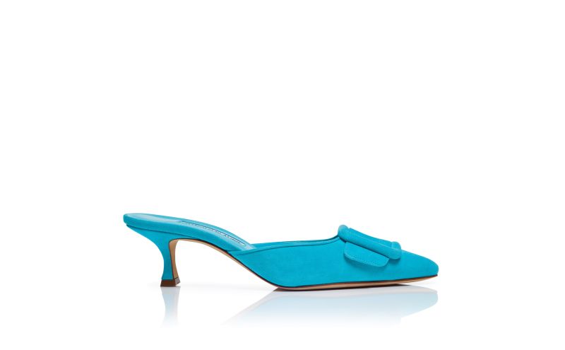 Side view of Maysale, Blue Suede Buckle Detail Mules - US$915.00