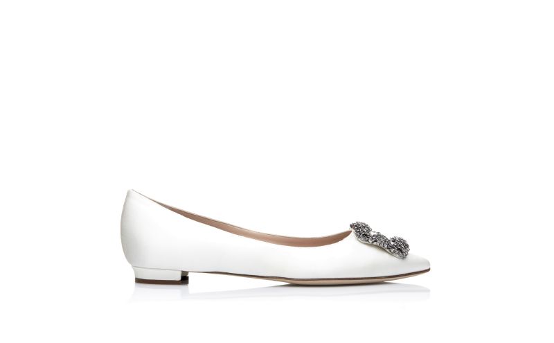 Side view of Designer White Satin Jewel Buckle Flats