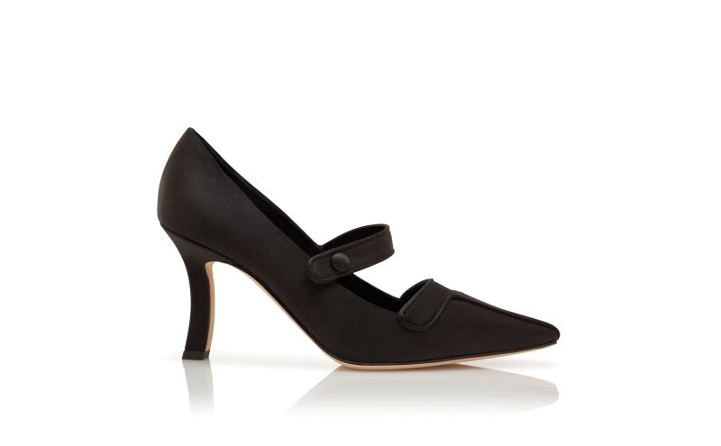 Side view of Ganeus, Black Satin Mary Jane Pumps - AU$1,535.00