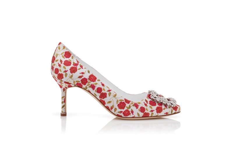 Side view of Hangisi 70, White and Red Satin Jewel Buckle Pumps - €1,095.00