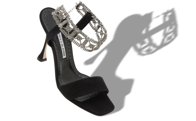 Lierasan, Black Suede Embellished Ankle Strap Sandals - AU$2,895.00 