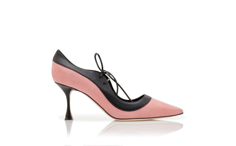 Side view of Dilys, Pink and Black Suede Lace-Up Pumps - AU$1,455.00