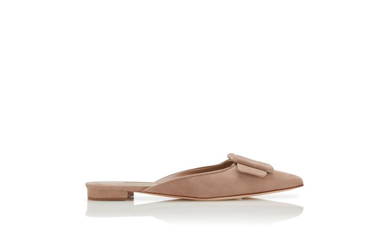 Side view of Maysaleflat, Beige Suede Buckle Detail Flat Mules - AU$1,245.00