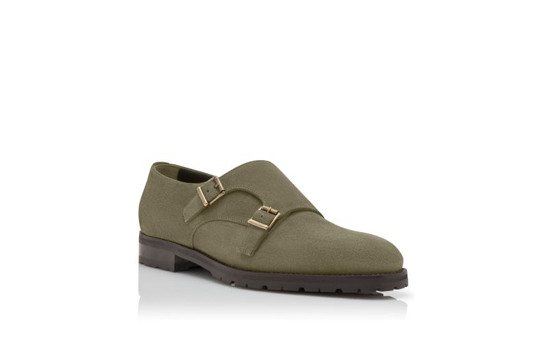 Camden, Khaki Green Suede Monk Strap Shoes - £725.00