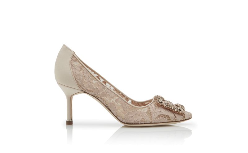Side view of Hangisi lace 70, Pink Champagne Lace Jewel Buckle Pumps - US$1,275.00