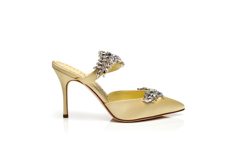 Side view of Lurum, Pale Yellow Satin Crystal Embellished Mules - US$1,395.00