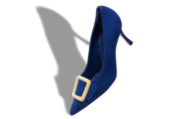 Designer Blue and Yellow Suede Buckle Pumps