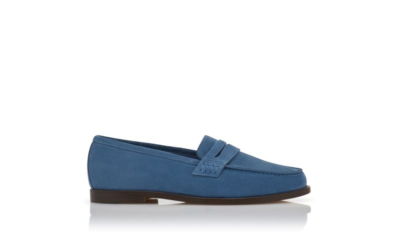 Side view of Perrita, Bright Blue Suede Penny Loafers - AU$1,185.00
