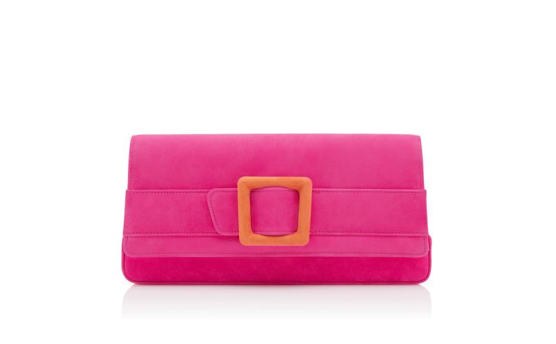 Side view of Designer Bright Pink and Orange Suede Buckle Clutch