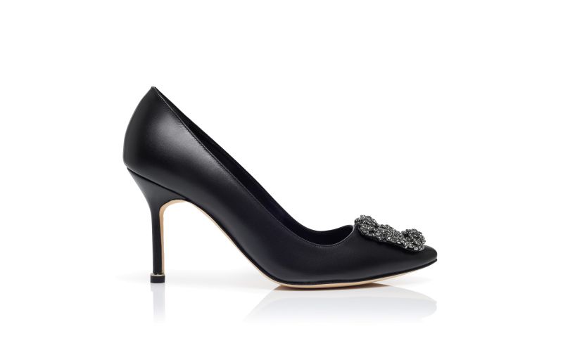 Side view of Hangisi 90, Black Leather Jewel Buckle Pumps - US$1,445.00