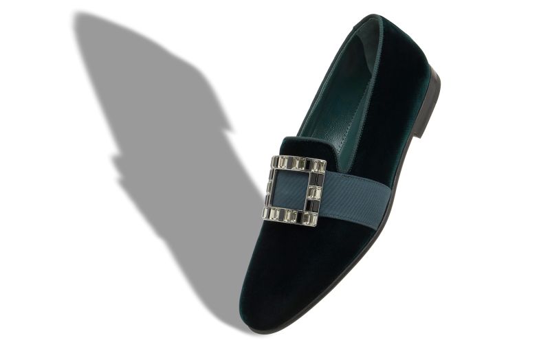 Designer Dark Green Velvet Buckled Loafers
