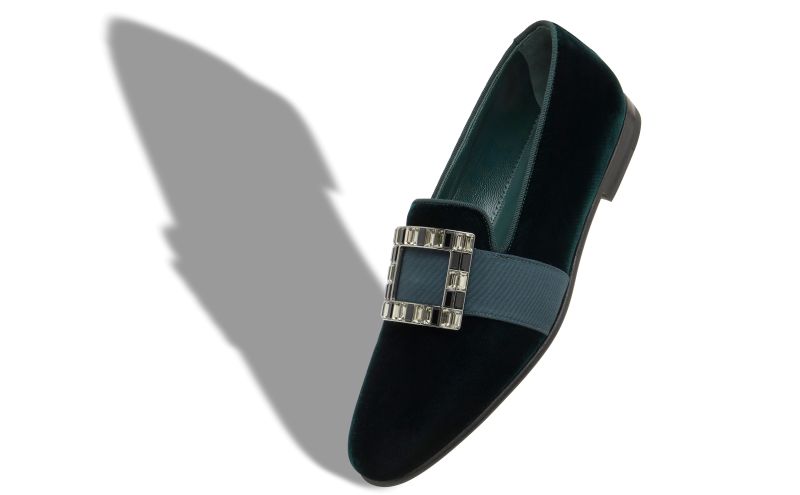 Eaton, Dark Green Velvet Buckled Loafers - £895.00