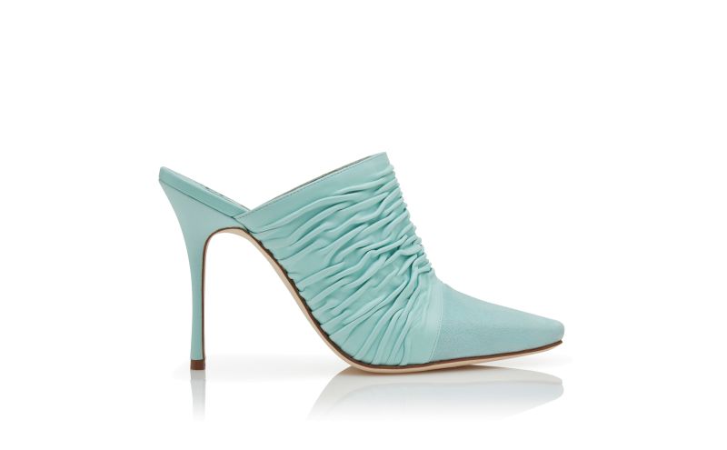 Side view of Designer Light Blue Nappa Leather Gathered Mules