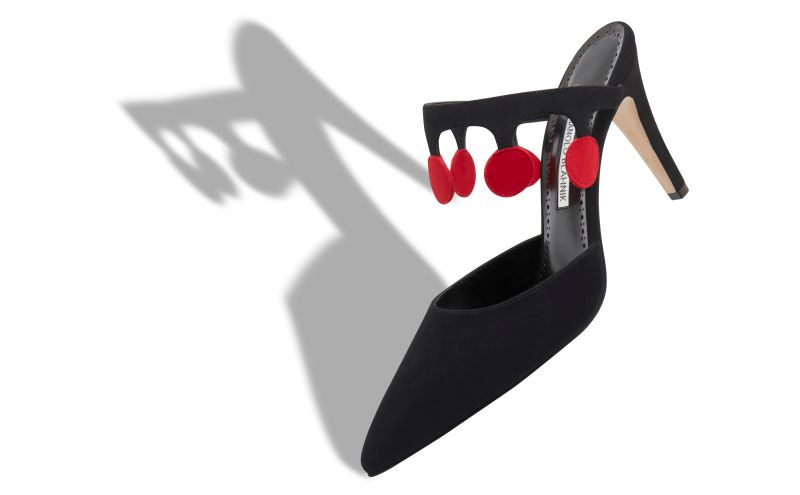 Gelsominamu, Black and Red Suede Pom Pom Detail Mules - US$945.00