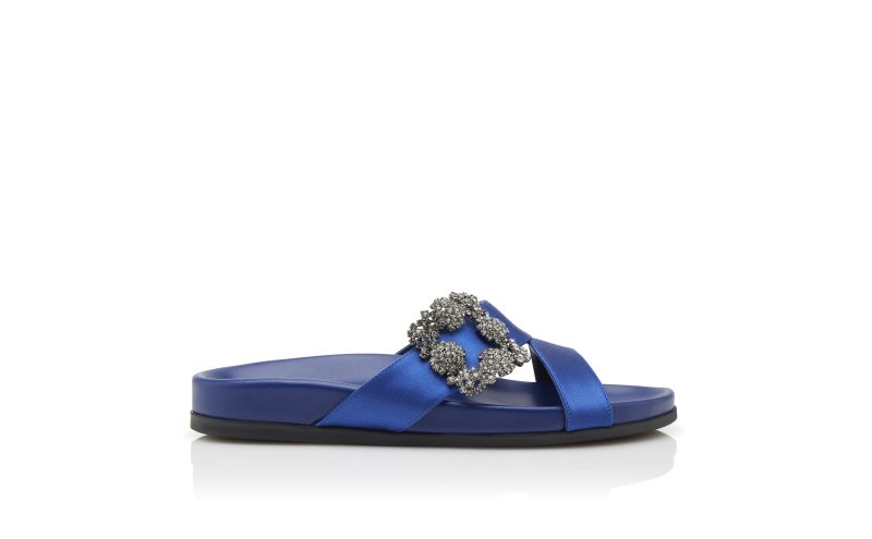 Side view of Chilanghi, Blue Satin Jewel Buckle Flat Mules - £845.00