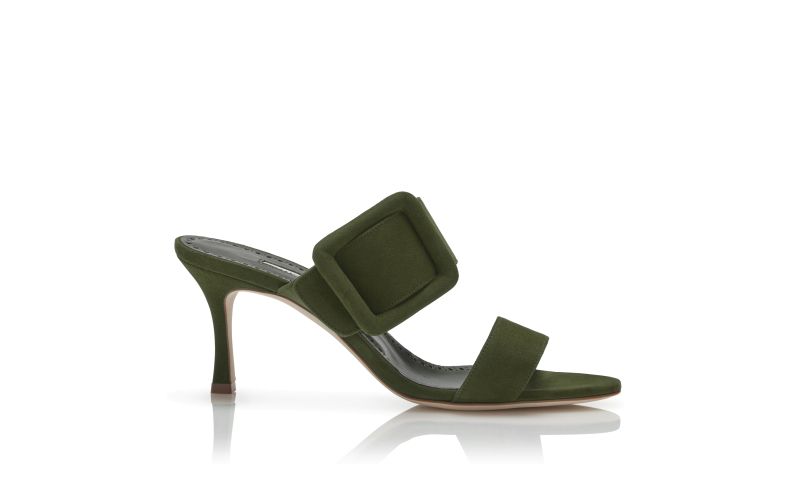 Side view of Gable, Dark Khaki Green Suede Open Toe Mules - US$845.00