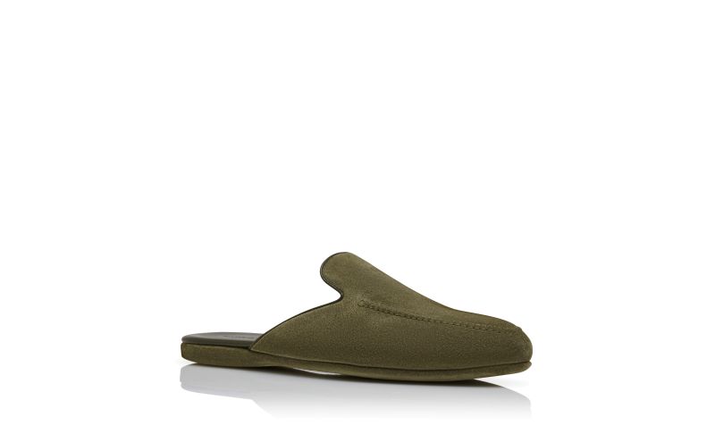 Designer Khaki Green Suede Slippers