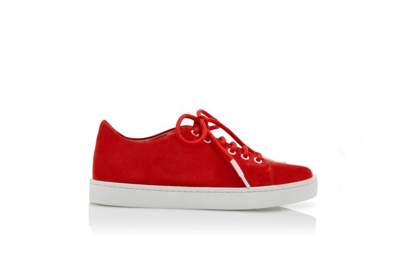 Side view of Designer Bright Red Suede Low Cut Sneakers