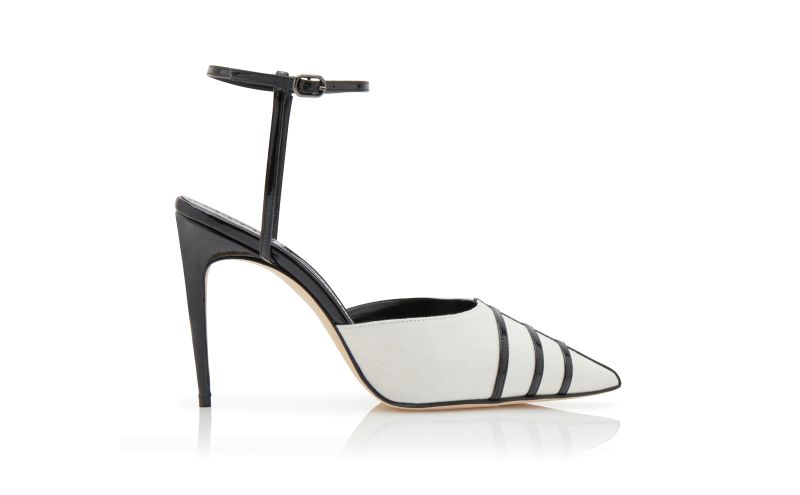 Side view of Designer Cream and Black Linen Ankle Strap Pumps 