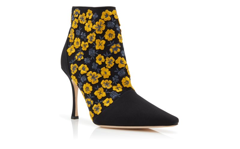 Botiye, Black and Yellow Silk Embroidered Ankle Boots - AU$1,528.00