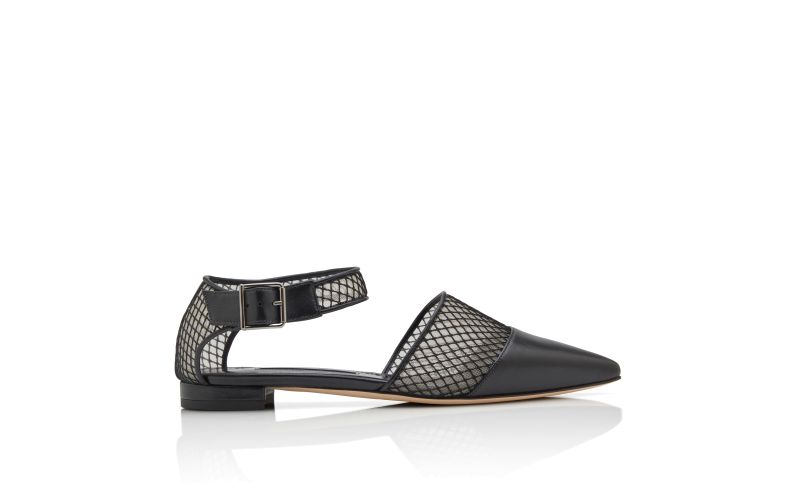 Side view of Jatelahflat, Black Nappa Leather Ankle Strap Flat Pumps - AU$853.00