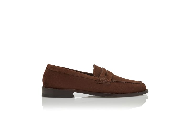 Side view of Perry, Dark Brown Suede Penny Loafers - US$1,045.00