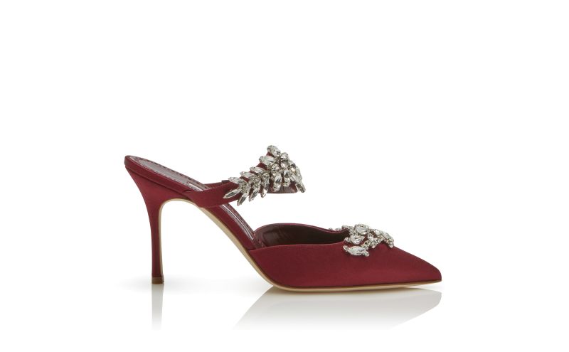 Side view of Lurum, Burgundy Satin Crystal Embellished Mules - €1,245.00